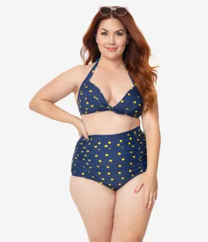 Unique Vintage Plus Size Navy & Yellow Dotted Monroe High Waist Swim Bottom