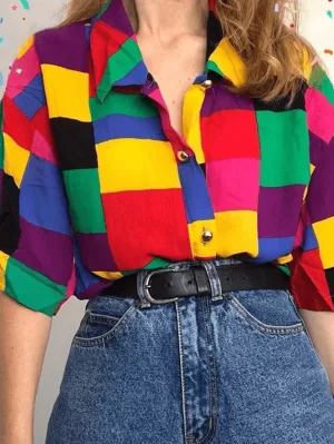 Uniwim ootd Rainbow Checkered Button Down Blouse