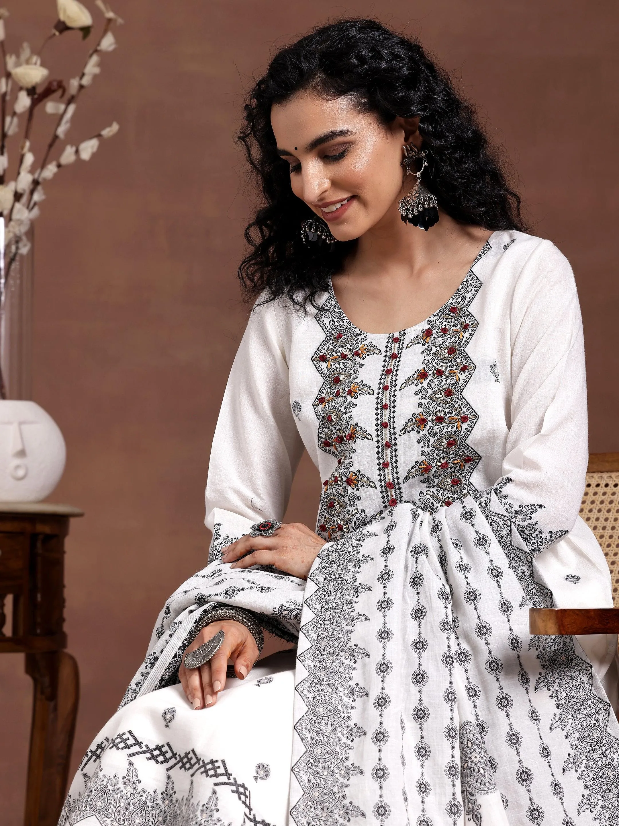 White Woven Design Linen Straight Suit With Dupatta