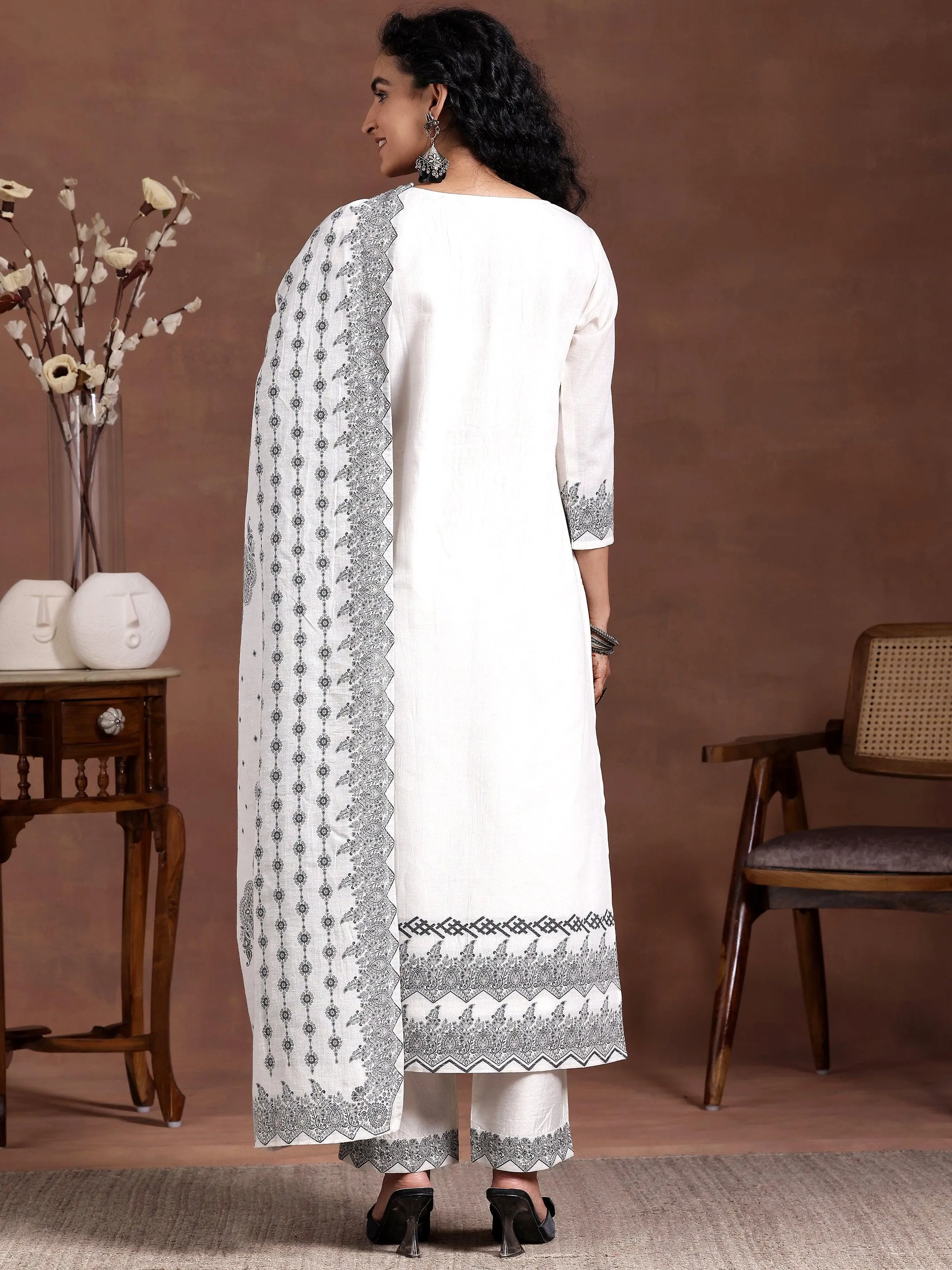 White Woven Design Linen Straight Suit With Dupatta