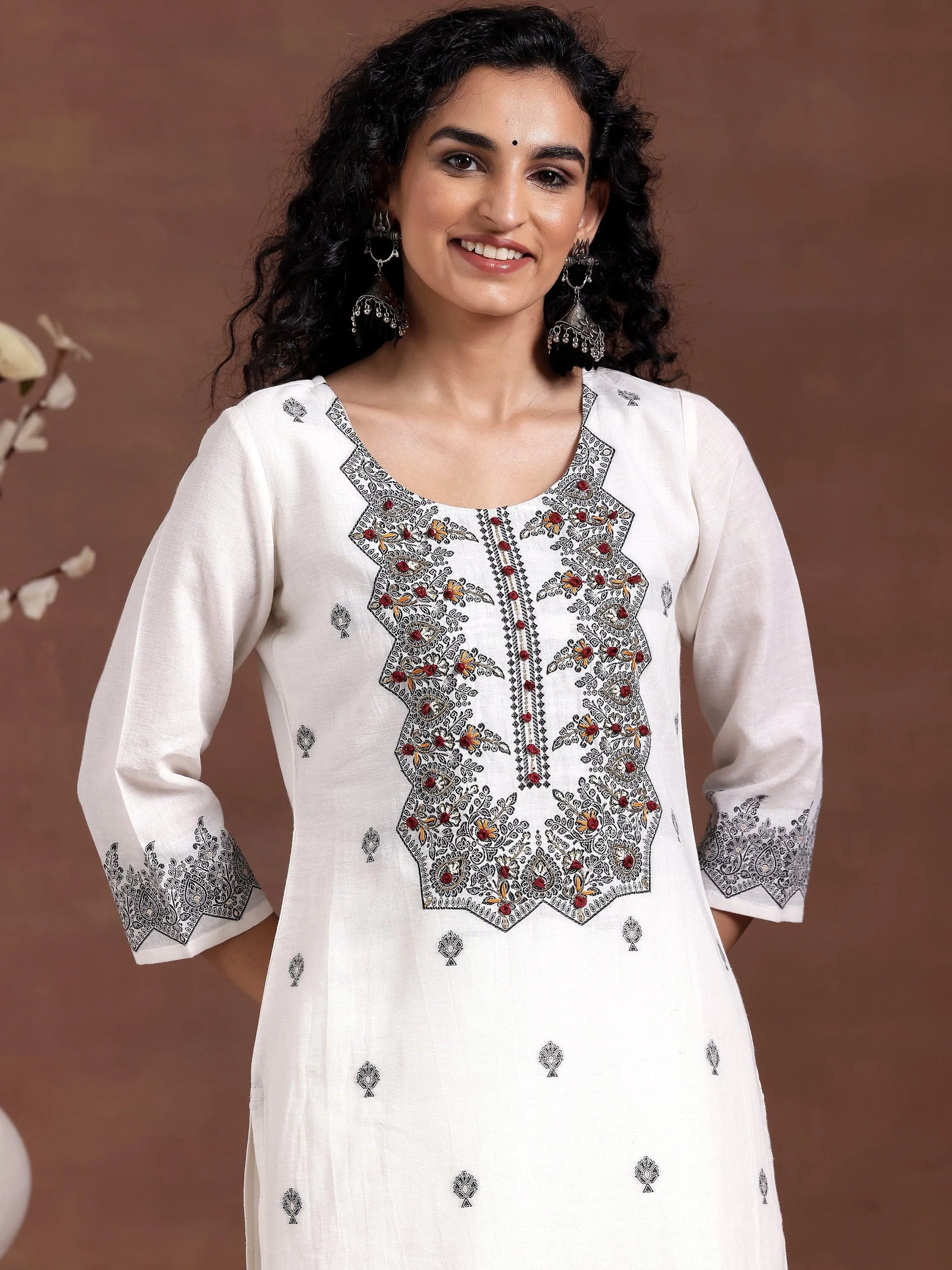 White Woven Design Linen Straight Suit With Dupatta