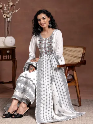 White Woven Design Linen Straight Suit With Dupatta