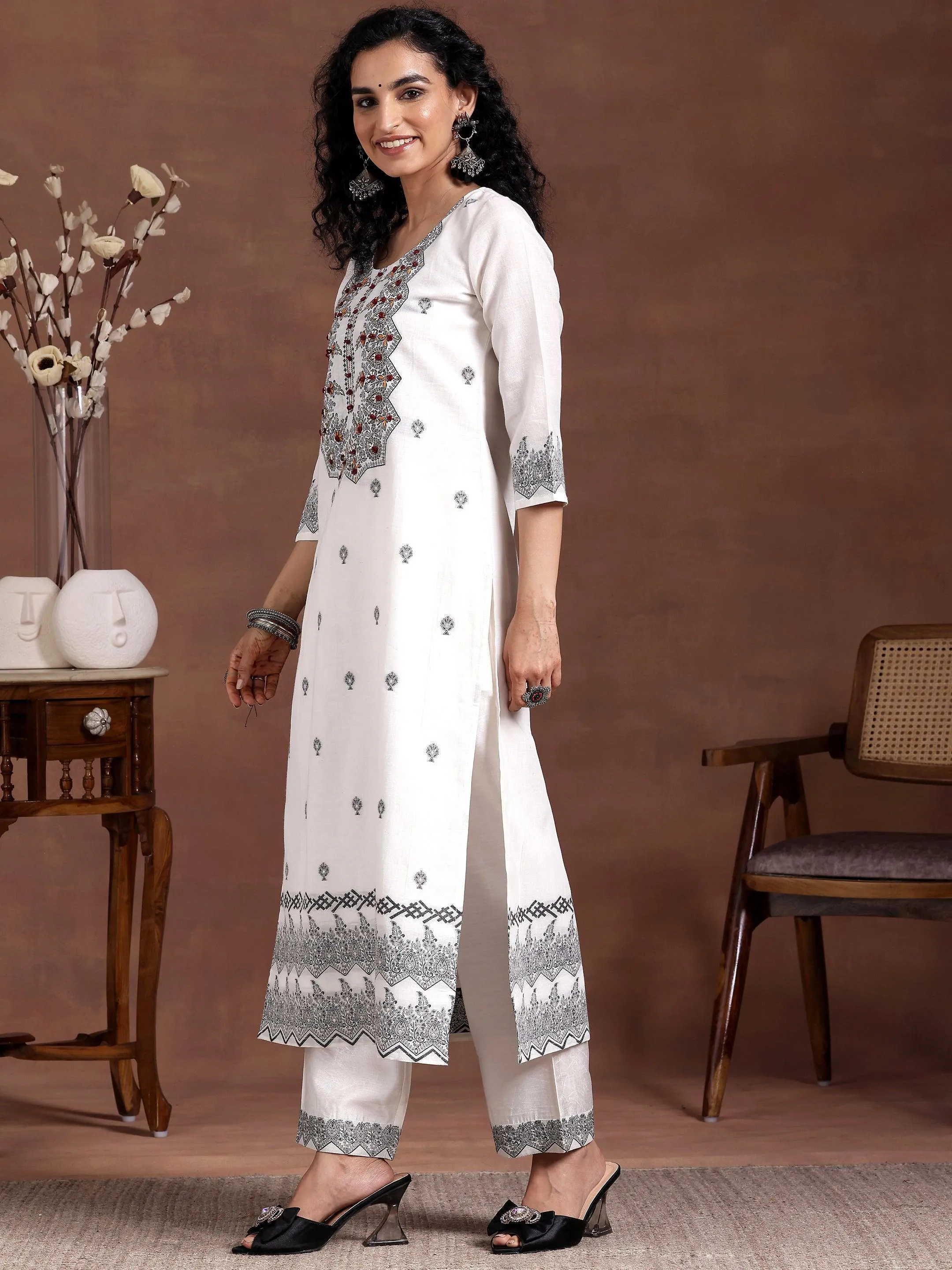 White Woven Design Linen Straight Suit With Dupatta