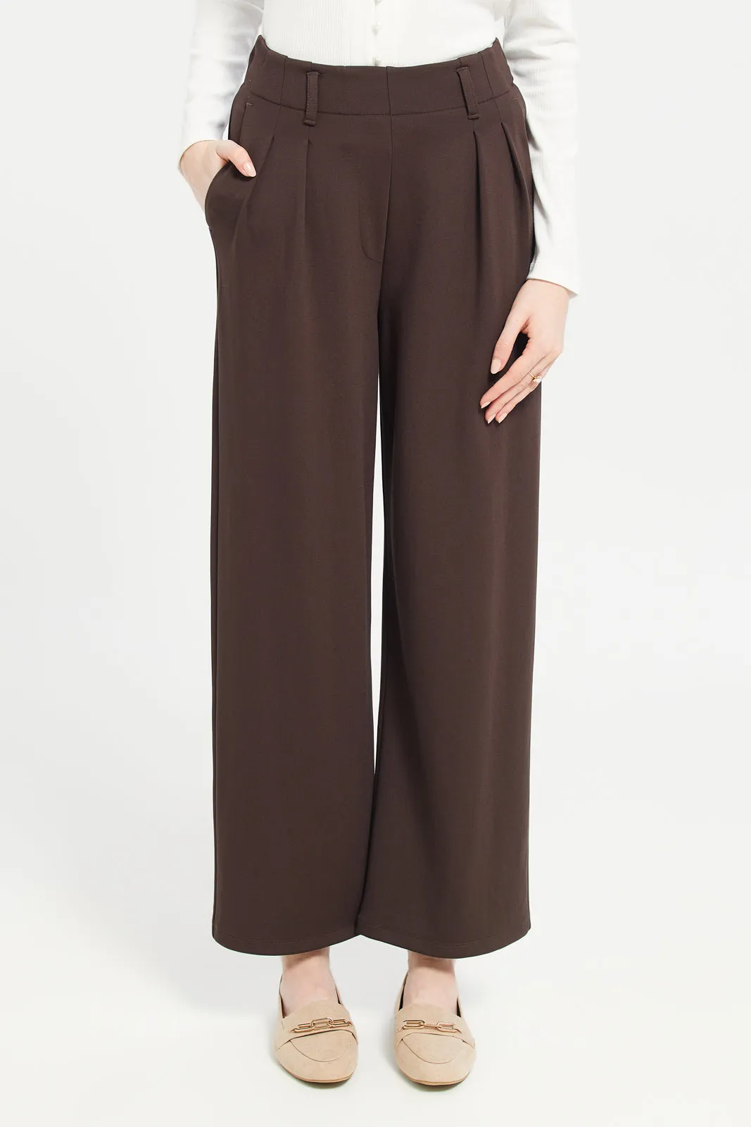 Women Brown High Waist Plain Trouser