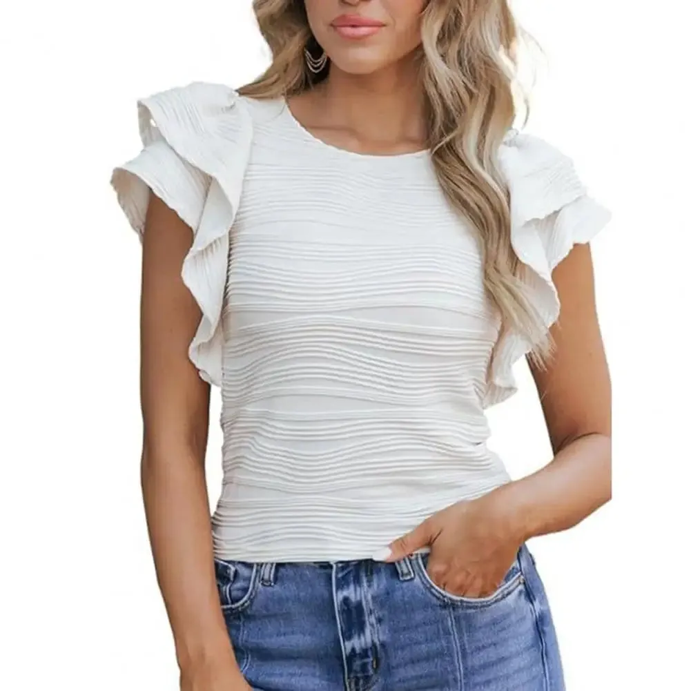 Women T-shirt O-neck Short Sleeve Solid Color Slim Fit Pleated Blouse