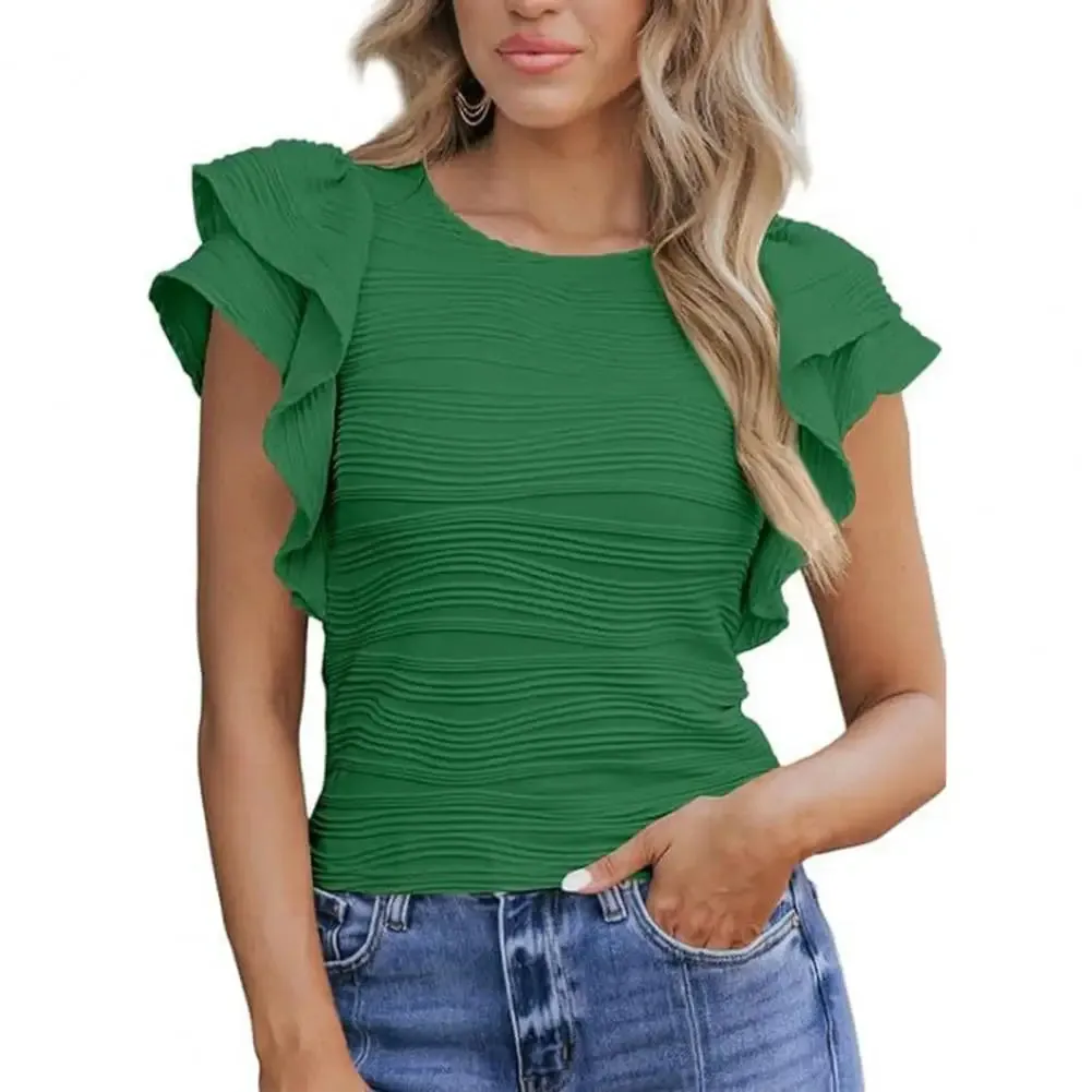 Women T-shirt O-neck Short Sleeve Solid Color Slim Fit Pleated Blouse