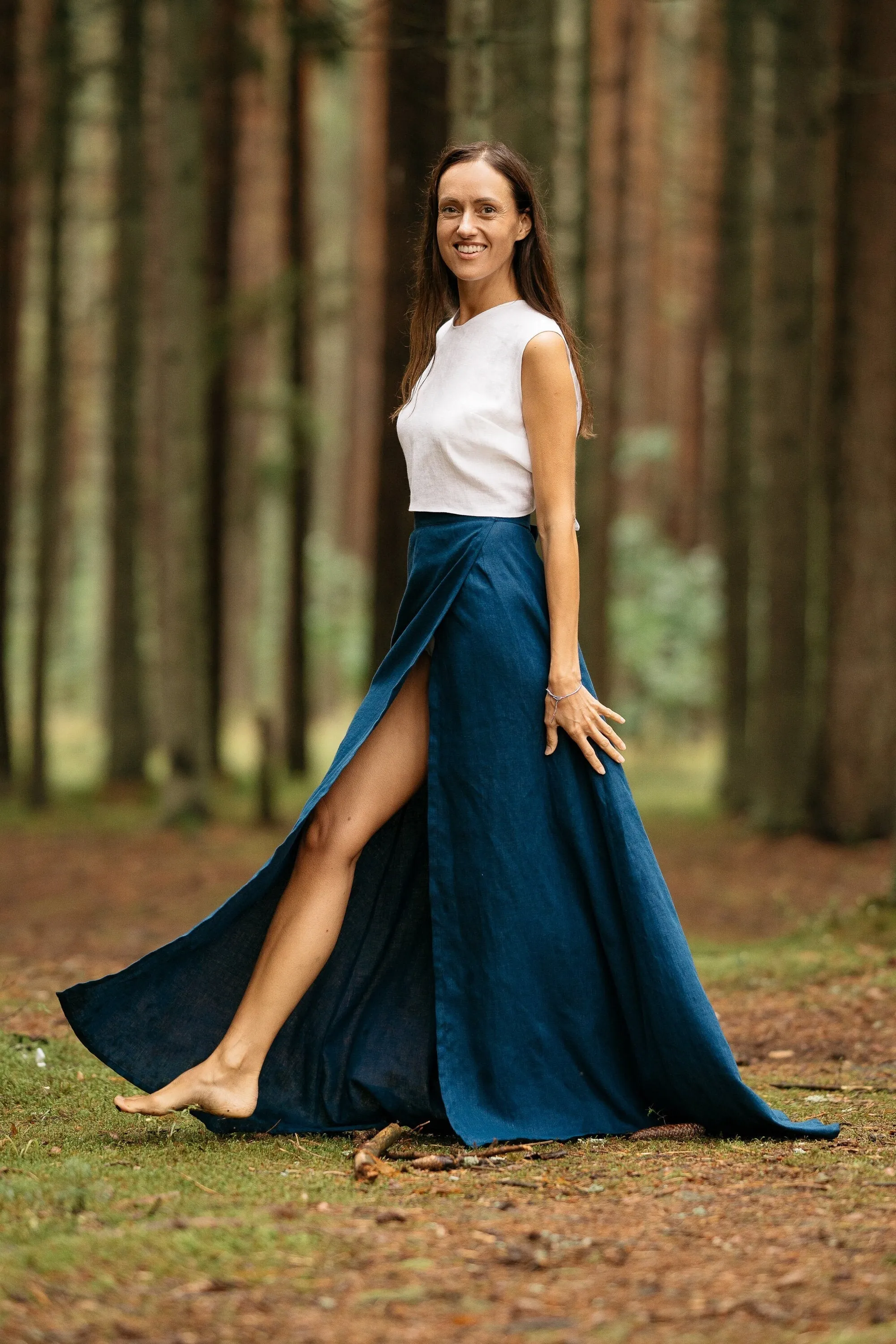 Wrap Linen MAXI Skirt In Midnight Blue